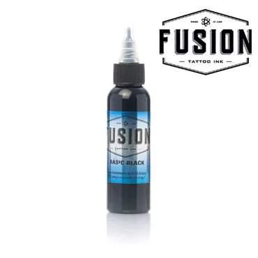 Bottle of Fusion Basic Black tattoo ink with a blue label on a white background