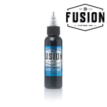 Bottle of Fusion Basic Black tattoo ink with a blue label on a white background