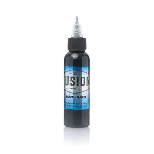 Bottle of Fusion Tattoo Ink Basic Black on a white background