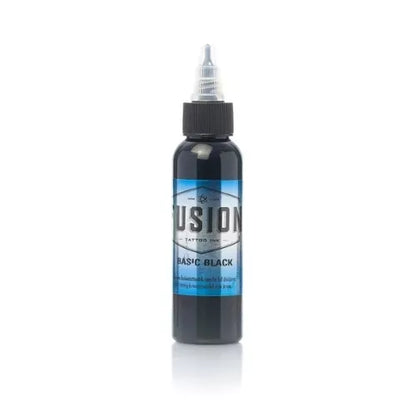 Bottle of Fusion Tattoo Ink Basic Black on a white background