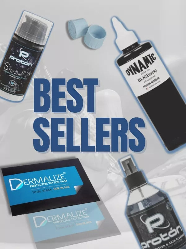 Promotional image of tattoo care products with 'Best Sellers' text on a gray background.