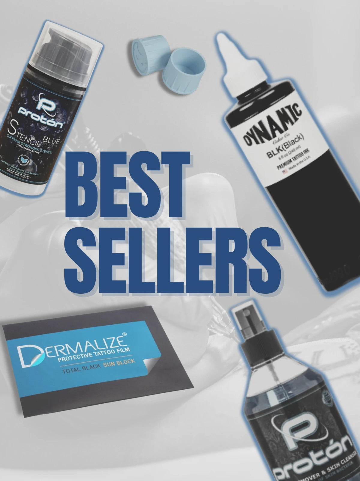 Promotional image of tattoo products with 'Best Sellers' text on a gray background.