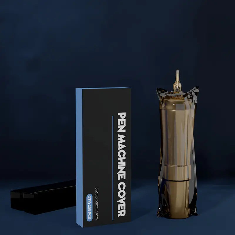 Pen machine cover with packaging on a dark background