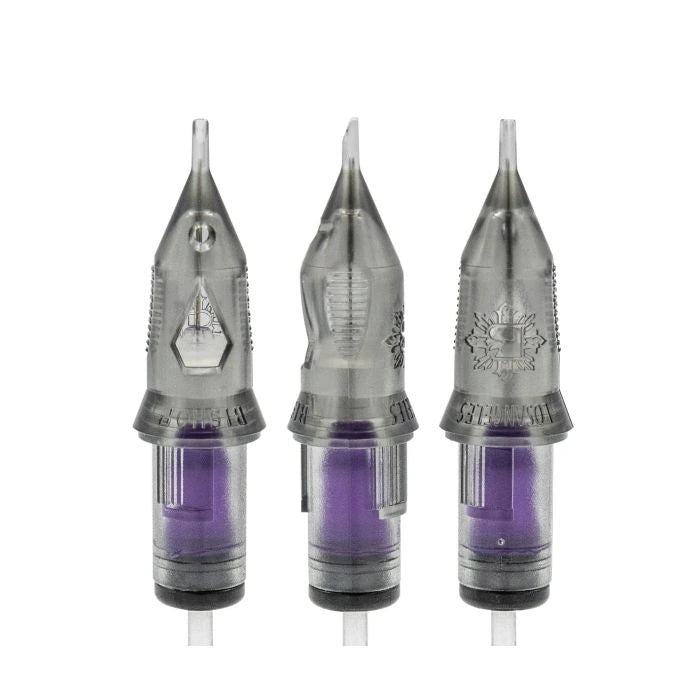 Three tattoo needles with purple ink cartridges on a white background