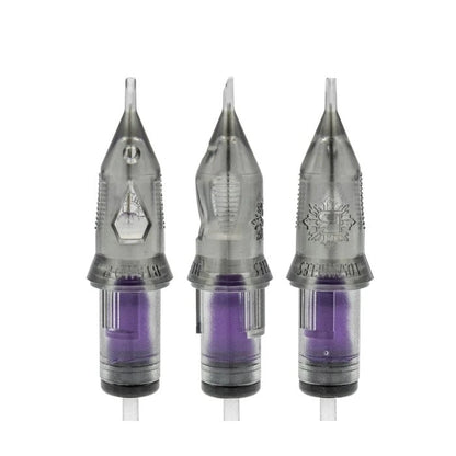 Three tattoo needles with purple ink cartridges on a white background
