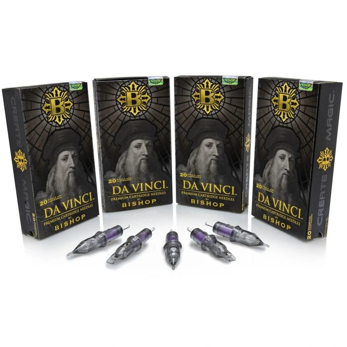 Four boxes of Da Vinci Bishop cartridges with cartridges displayed in front on a white background