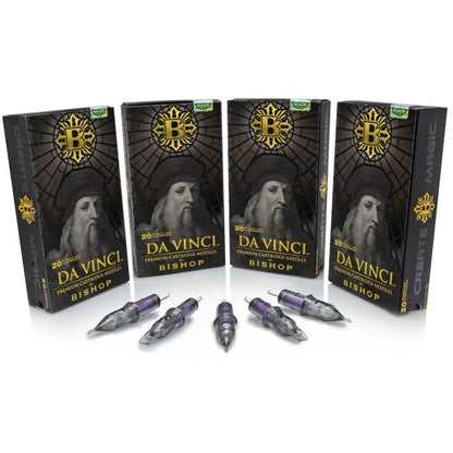 Four boxes of Da Vinci Bishop cartridges with cartridges displayed in front on a white background