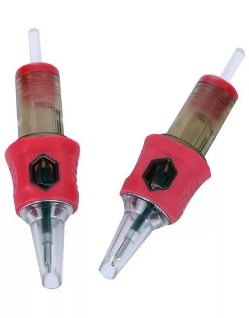 Two red tattoo ballpoint needle cartridges on a white background