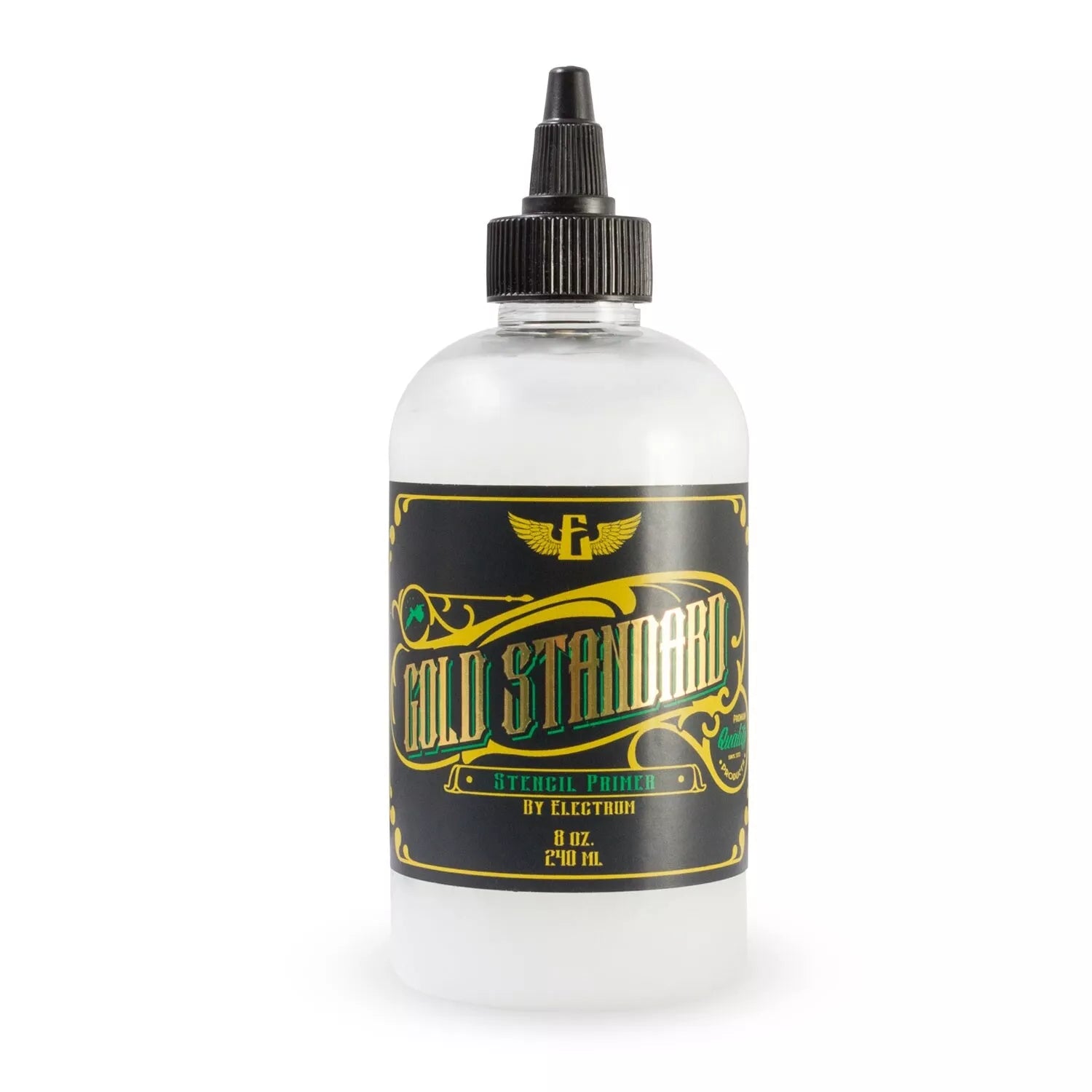 Bottle of Electrum Gold Standard tattoo stencil primer on a white background