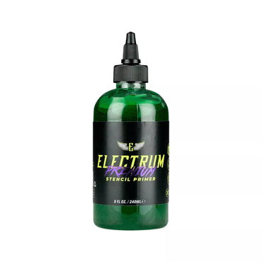 Green bottle of Electrum Premium Stencil Primer on a white background
