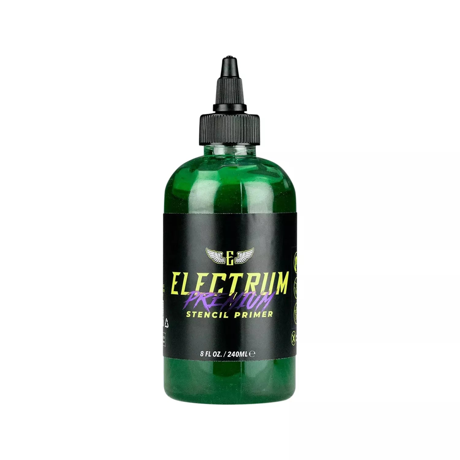 Green bottle of Electrum Premium Stencil Primer on a white background