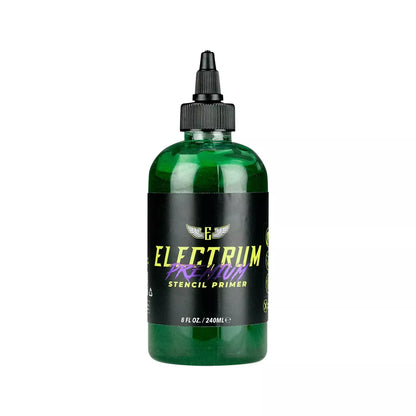 Green bottle of Electrum Premium Stencil Primer on a white background