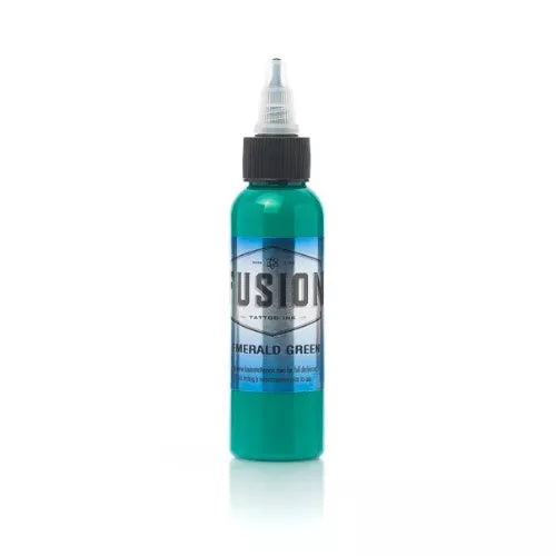 Bottle of Fusion Emerald Green tattoo ink on a white background