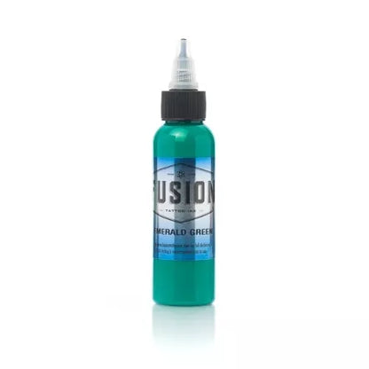 Bottle of Fusion Emerald Green tattoo ink on a white background