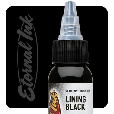 Bottle of Lining Black tattoo ink with 'Eternal Ink' branding on a black background