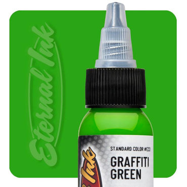 Bottle of graffiti green tattoo ink with 'Eternal Ink' branding on a green background