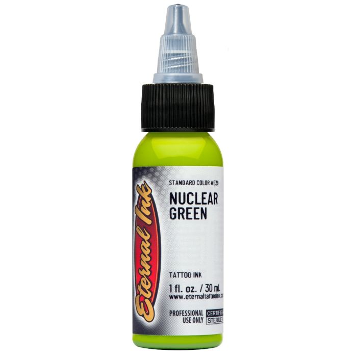 Bottle of Eternal Tattoo Nuclear Green ink on a white background