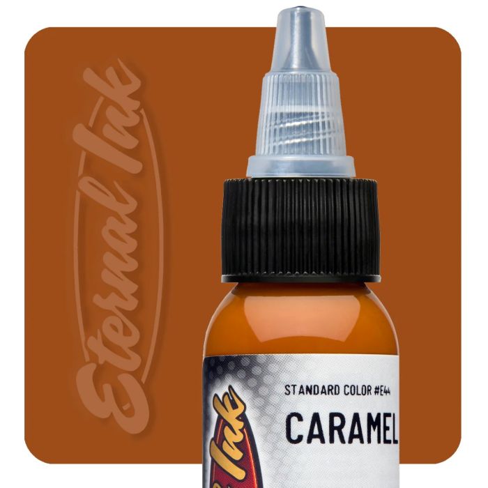 Bottle of caramel-colored ink with 'Eternal Ink' branding on a brown background