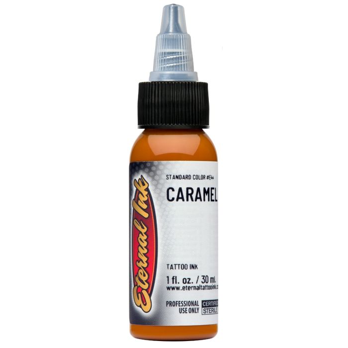 Bottle of Eternal Ink Caramel tattoo ink on a white background