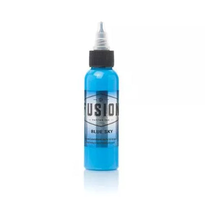 A bottle of Fusion Tattoo Ink in the shade Blue Sky, featuring bright blue ink inside a clear bottle with a black cap and white label, set against a plain white background.