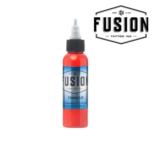 A bottle of Fusion Tattoo Ink in the shade Tangelo, showing a bright orange-red ink color through the clear bottle, with a black cap and a blue label. A brand logo overlay is visible in the top right corner.