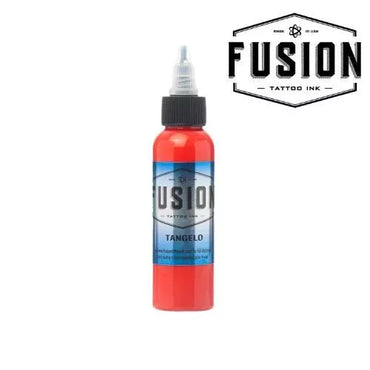 A bottle of Fusion Tattoo Ink in the shade Tangelo, showing a bright orange-red ink color through the clear bottle, with a black cap and a blue label. A brand logo overlay is visible in the top right corner.