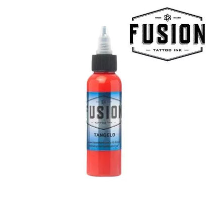 A bottle of Fusion Tattoo Ink in the shade Tangelo, showing a bright orange-red ink color through the clear bottle, with a black cap and a blue label. A brand logo overlay is visible in the top right corner.