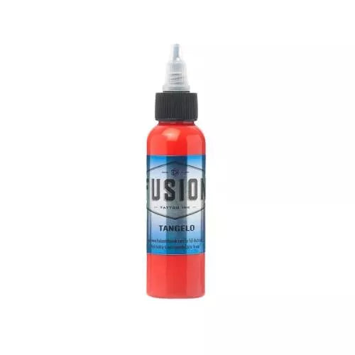 A bottle of Fusion Tattoo Ink in the shade Tangelo, featuring bright orange-red ink inside a clear bottle with a black cap and white nozzle, set against a plain white background.