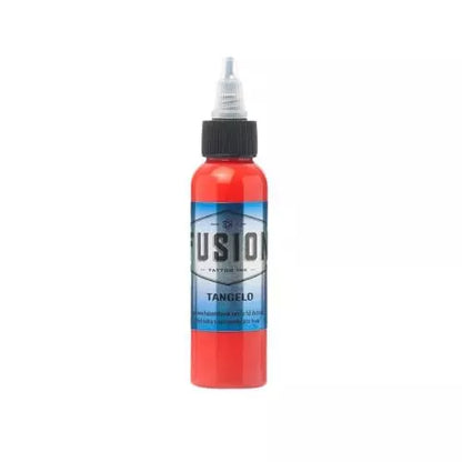 A bottle of Fusion Tattoo Ink in the shade Tangelo, featuring bright orange-red ink inside a clear bottle with a black cap and white nozzle, set against a plain white background.