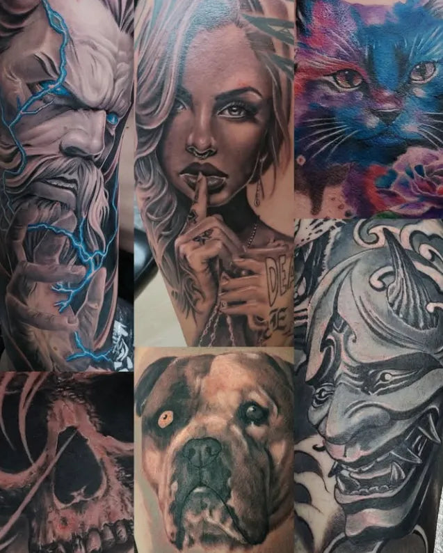Collage of various tattoo designs including a woman with a finger over her mouth, a cat, a dog, and abstract patterns.