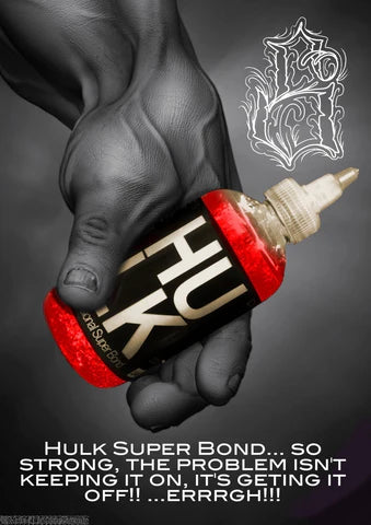 Hulks Hand holding a bottle labeled 'Hulk Super Bond' with a dark background and logo.