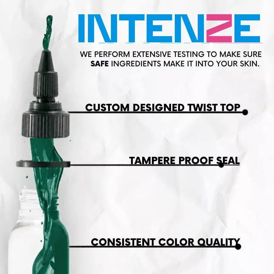 Promotional graphic for INTENZE Dragon Green tattoo ink showing a green ink dropper bottle with a custom twist top, labeled with features: custom designed twist top, tamper proof seal, and consistent color quality.