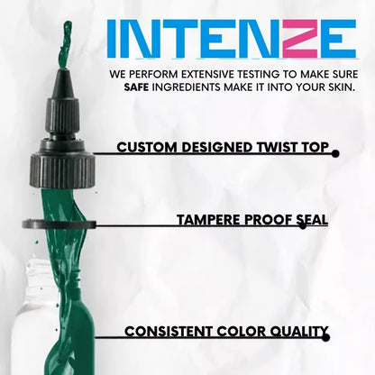 Promotional graphic for INTENZE Dragon Green tattoo ink showing a green ink dropper bottle with a custom twist top, labeled with features: custom designed twist top, tamper proof seal, and consistent color quality.