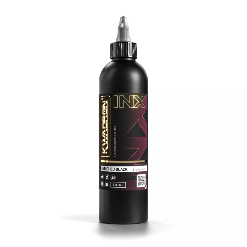 A bottle of Kwadron INX Enriched Black EU REACH 240ml bottle tattoo ink on a clean white background. The bottle is matte black with a black cap and features a label with gold, white, and dark red/pink accents.
