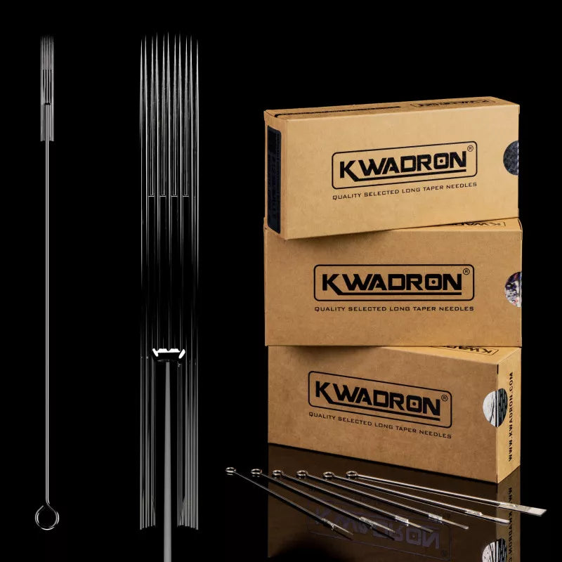 Kwadron Soft Edge Magnum Tattoo Needles and box in black background