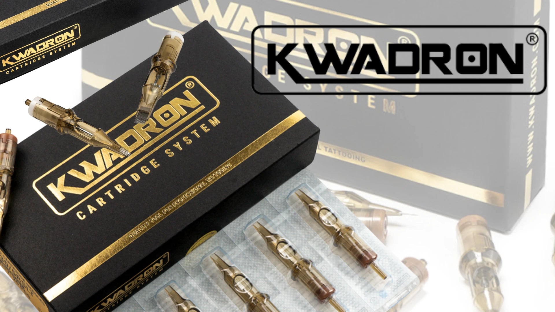 Kwadron cartridge system packaging with cartridges and branding.