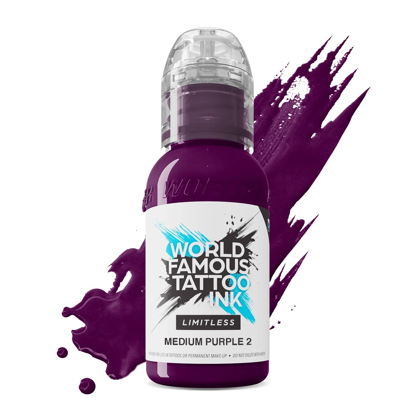 Bottle of World Famous Tattoo Ink Medium Purple 2 with a purple splatter on a white background