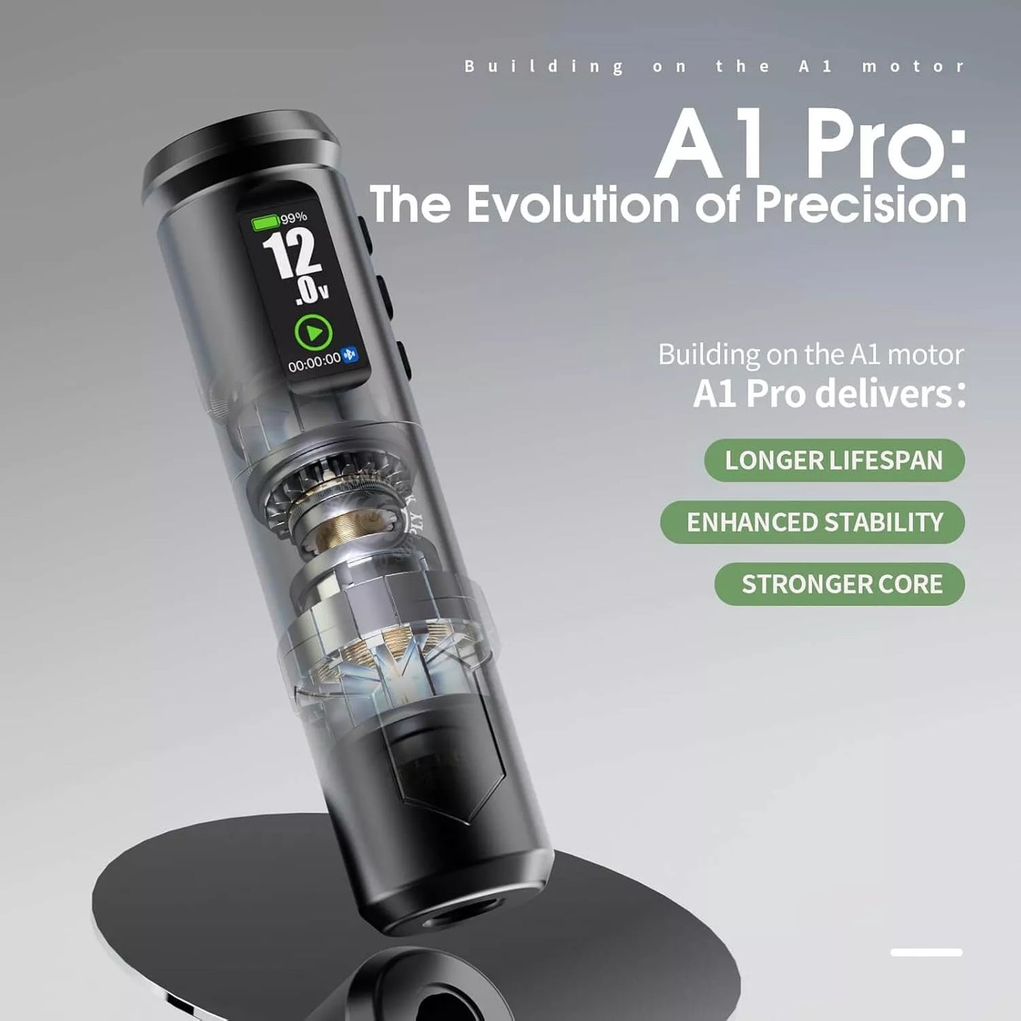 Dragonhawk A1 Pro wireless tattoo machine with digital display on a gray background, highlighting features like longer lifespan, enhanced stability, and stronger core.