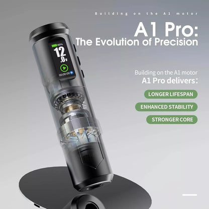 Dragonhawk A1 Pro wireless tattoo machine with digital display on a gray background, highlighting features like longer lifespan, enhanced stability, and stronger core.