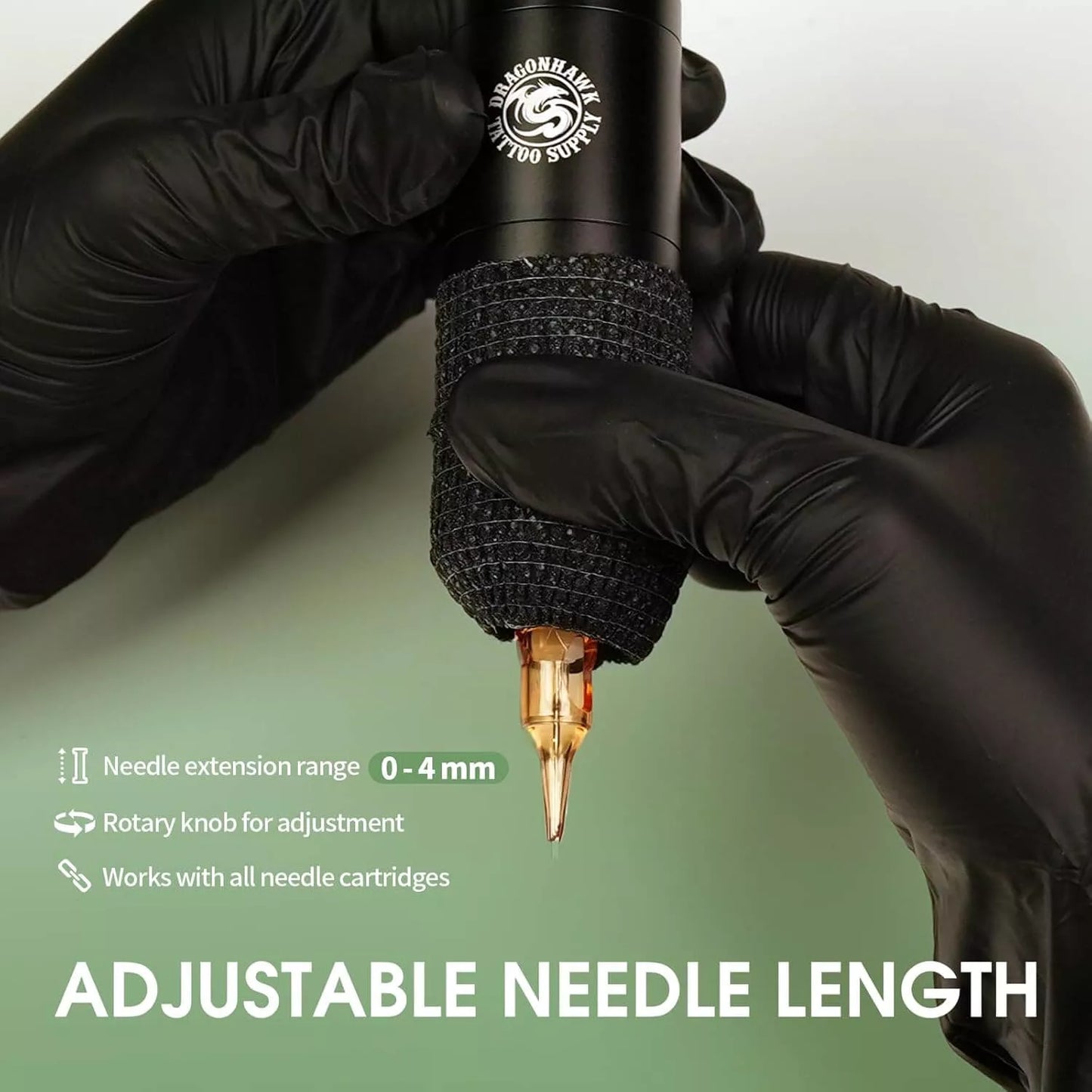 Dragonhawk A1 Pro wireless Tattoo machine held by a gloved hand with text about adjustable needle length on a green background