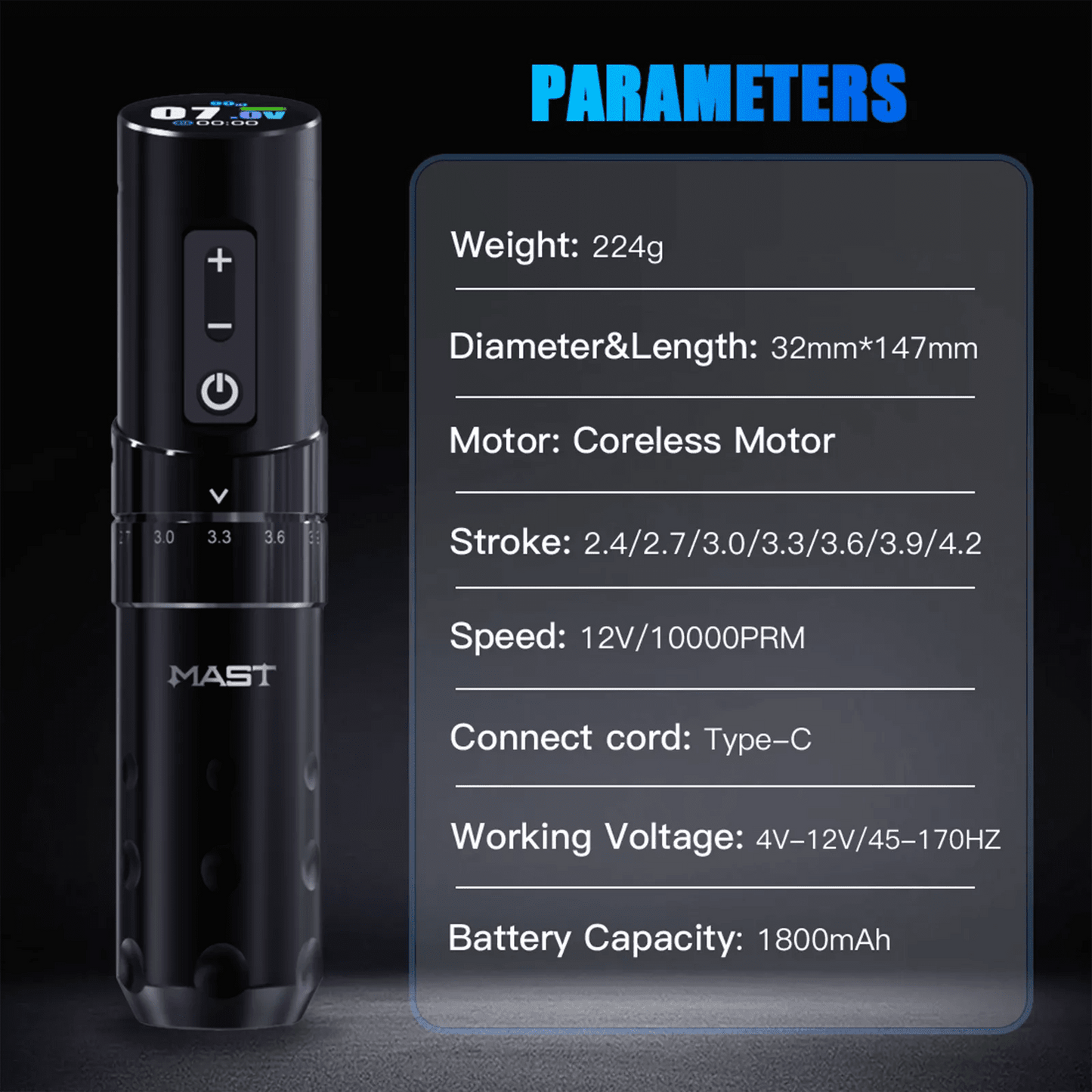 Black Tattoo Machine MAST branding and technical specifications on a dark background