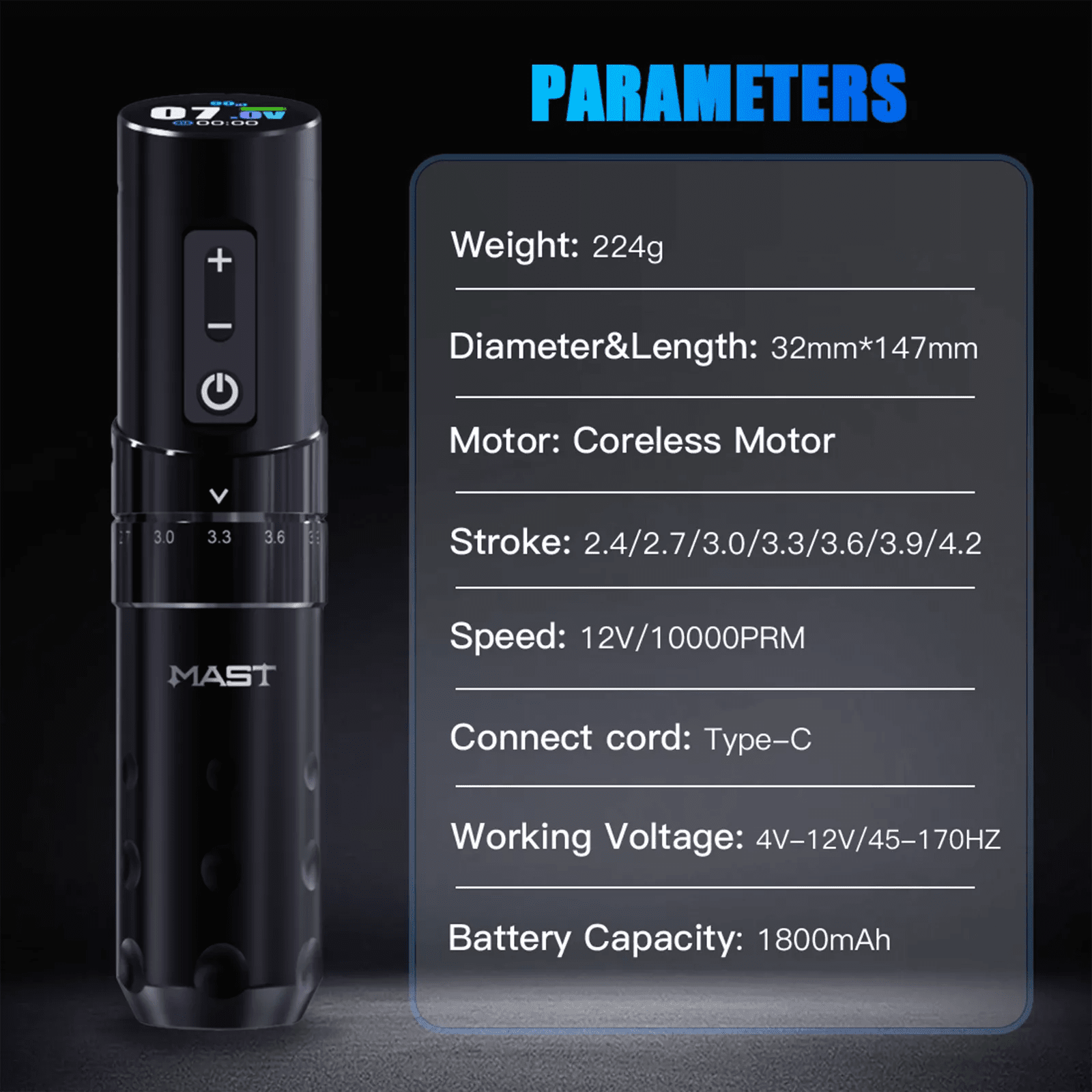 Black Tattoo Machine MAST branding and technical specifications on a dark background