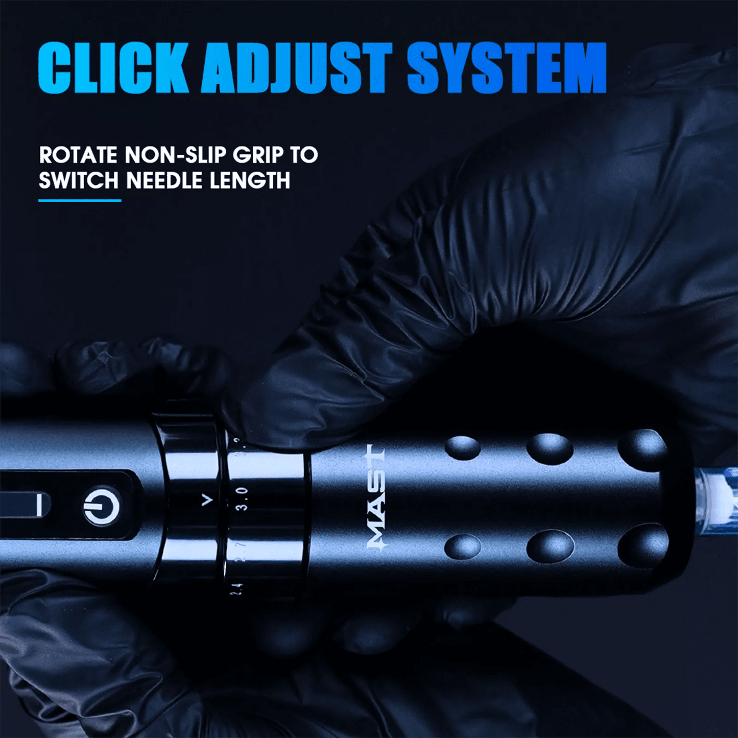 Black tattoo machine gun with 'MAST' branding, gloved hand, and text about click adjust system.