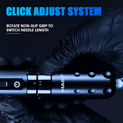 Black tattoo machine gun with 'MAST' branding, gloved hand, and text about click adjust system.