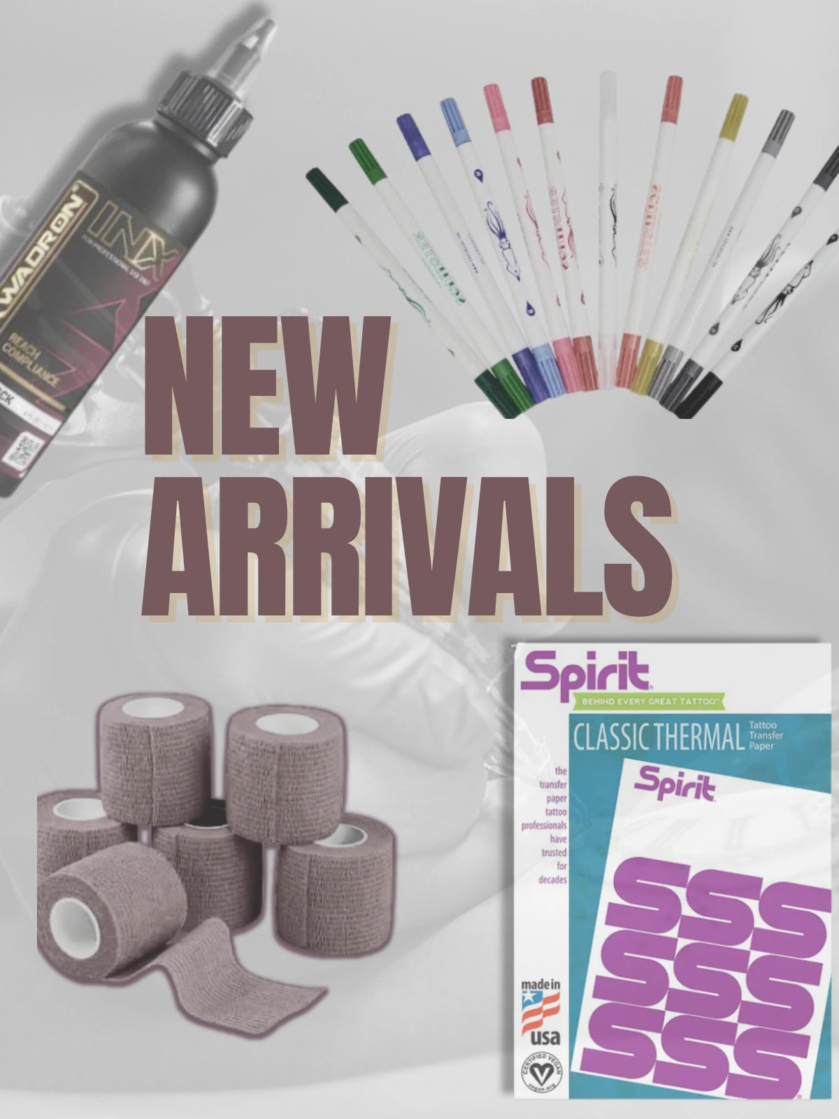 Promotional image of new tattoo product arrivals with bandages, a bottle, and a container on a light gray background.