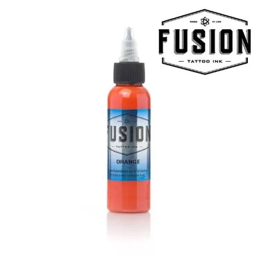 Bottle of Fusion tattoo ink with orange color on a white background