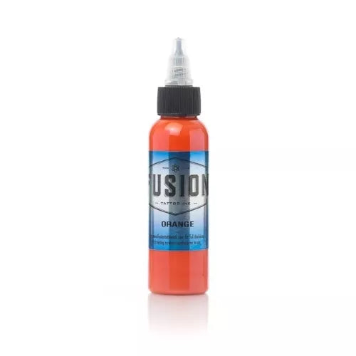Bottle of Fusion Orange tattoo ink on a white background