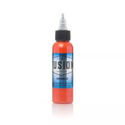 Bottle of Fusion Orange tattoo ink on a white background