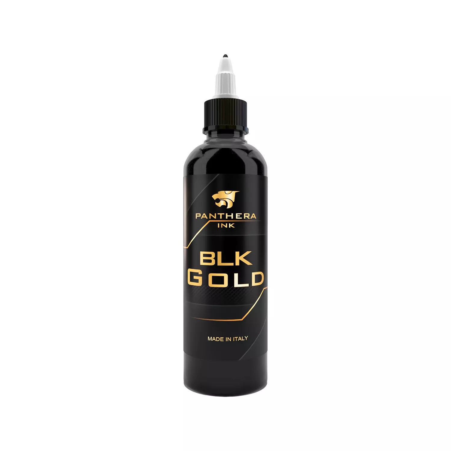 Bottle of Panthera Ink BLK Gold on a white background