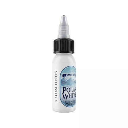 A bottle of Panthera Polar White Tattoo Ink, shade 'Solid White', featuring a white bottle, black cap, and blue label on a white background.